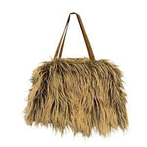 Atenti Brown Faux Fur Shag Weekender Overnight Travel Bag Red Trim Vintage